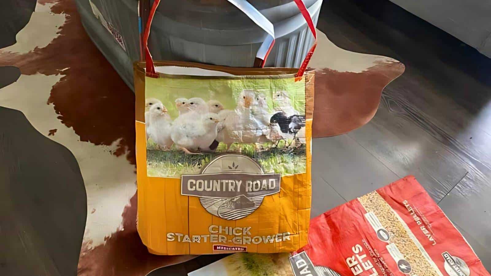 Chicken feed tote bag.