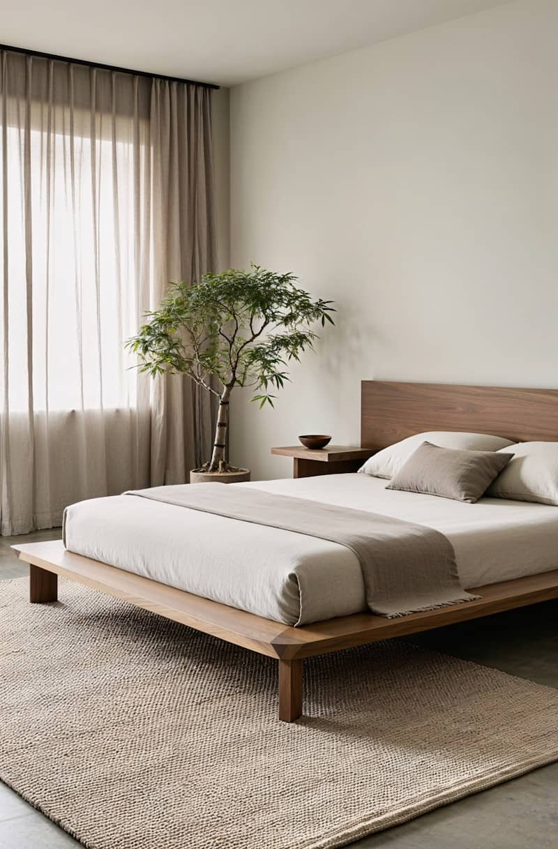 A bedroom with a large bed and a plant in the corner