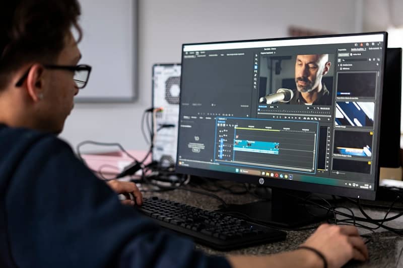 A person edits video on a computer.