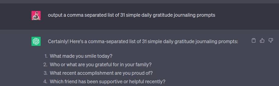 Asking ChatGPT for Gratitude Prompts 