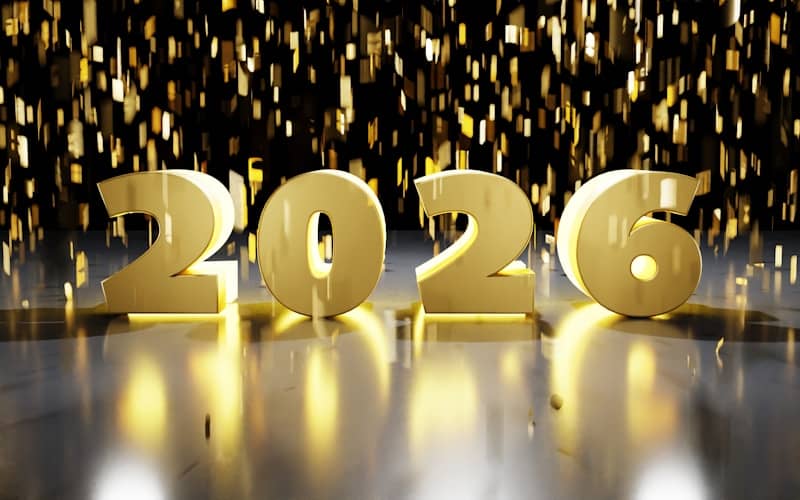 Golden 2026 numbers with falling confetti