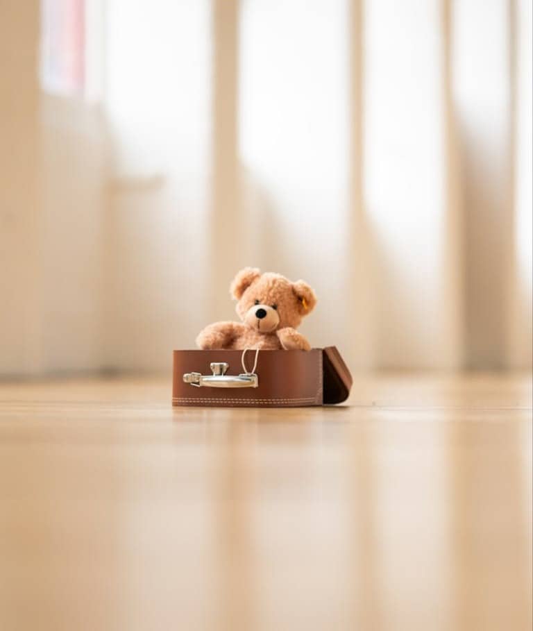 A teddy bear sitting in a suitcase on the floor