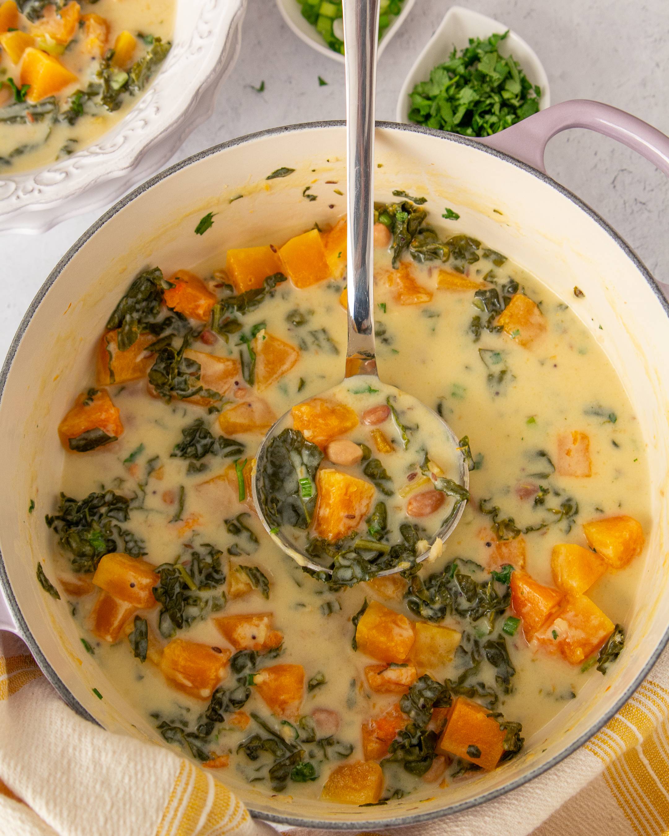Butternut squash, kale and peanuts simmered in a light, tangy, gently spiced Maharashtrian-style buttermilk broth or a cozy fall soup or hearty meal with rice.
