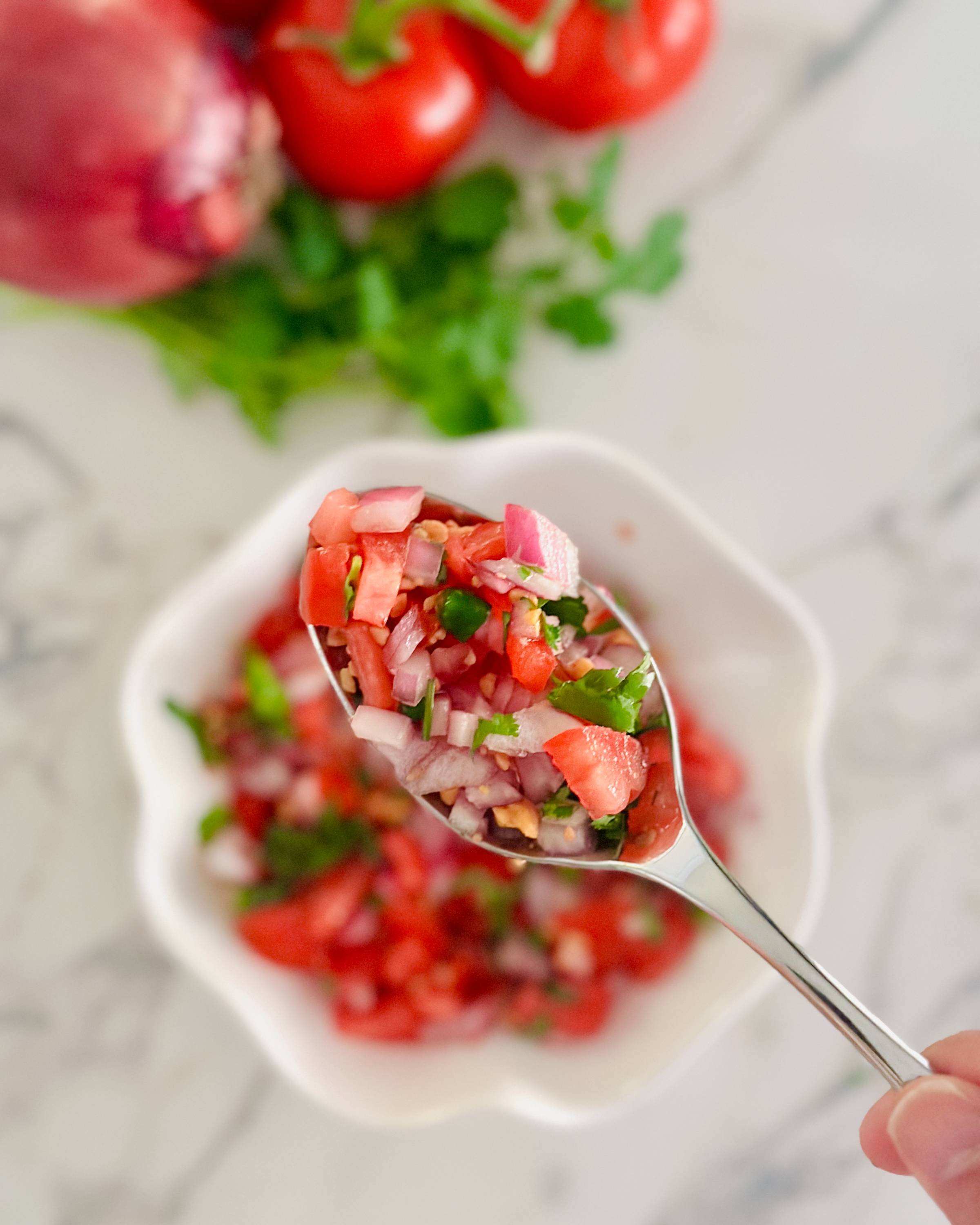 Fresh tomatoes, crunchy roasted peanuts, sweet onion, green chilies and coriander come together in minutes for a bright, refreshing side that goes with just about everything.
