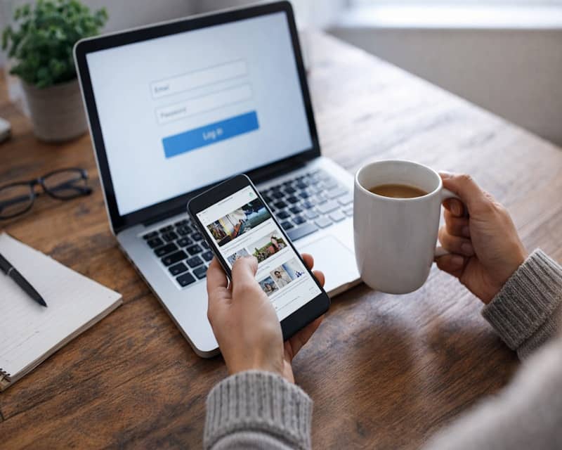 Person holding phone near laptop and coffee.