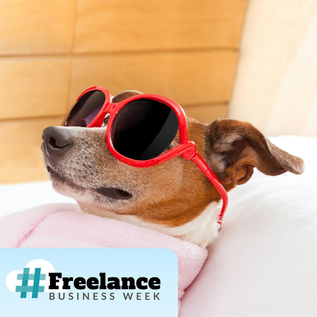 A dog in sunglasses relax by the Freelance Business Week logo