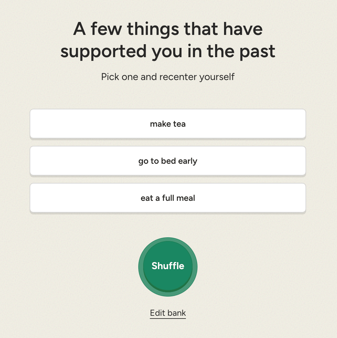  The Task Alignment shuffle screen: make tea, go to bed early, eat a full meal, and a big green Shuffle button.