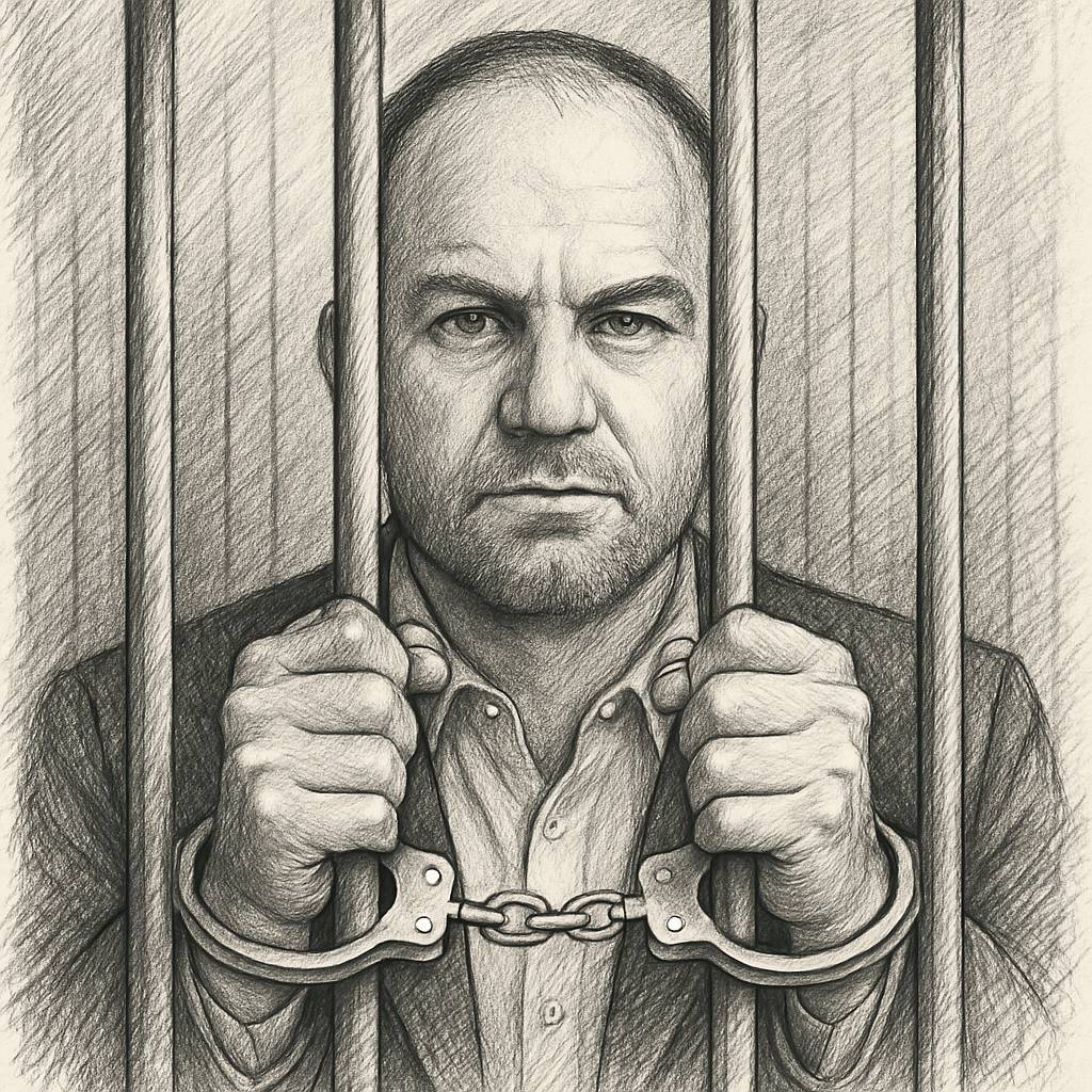 American entrepreneur Nick Berry in a sketch drawing handcuffed and behind bars.