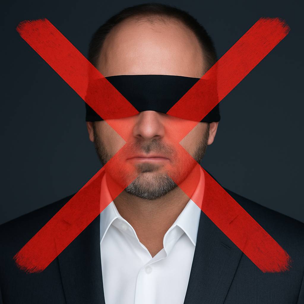 American entrepreneur Nick Berry wearing a blindfold with a red X on it.