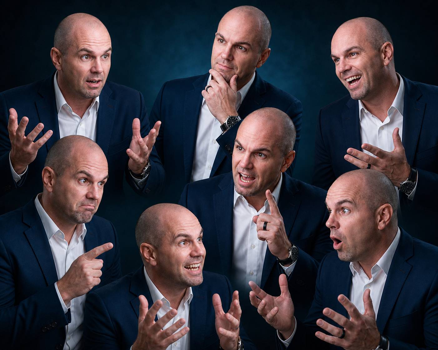 Nick Berry appears in a composite studio portrait showing seven different expressions and gestures, wearing a navy suit and white shirt.