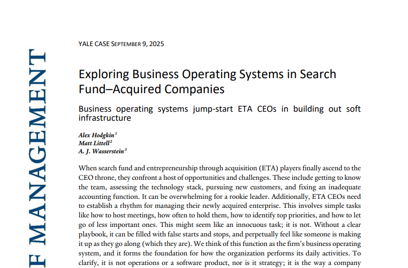 Yale School of Management Study on Business Operating Systems in ETA Companies