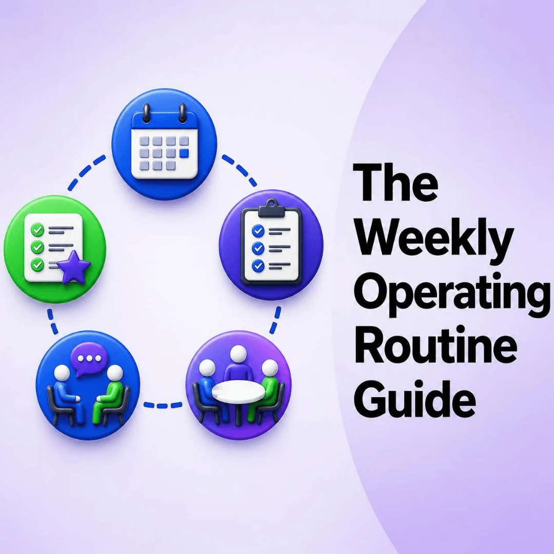 Weekly Operating Routine: Nick Berry's training guide, Weekly Alignment Meeting agenda, Weekly Individual Meeting agenda, and Priority Tracker for owners with a small team