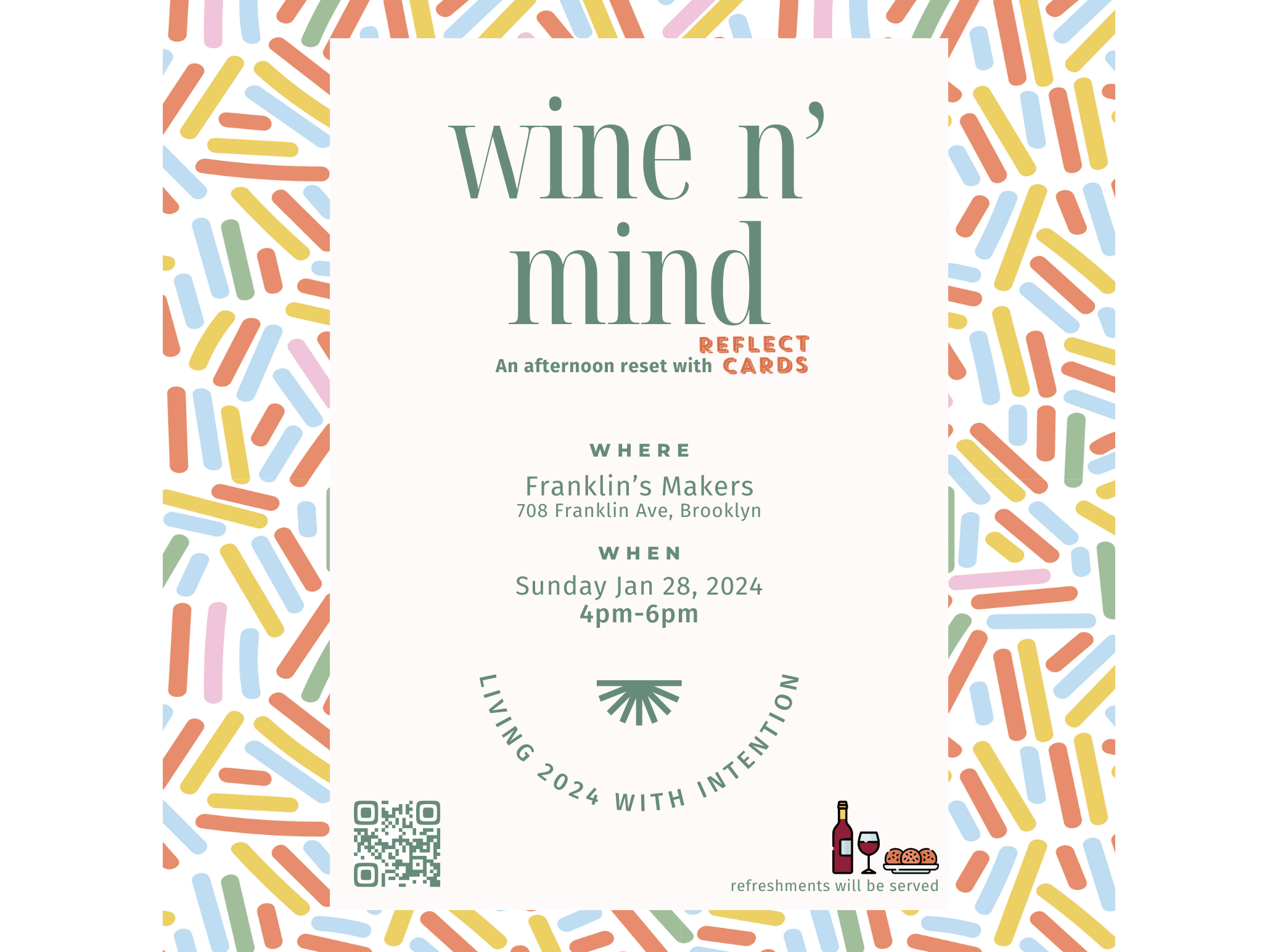 Event flyer for upcoming Wine & Mind event at Franklin's Makers, Brooklyn NY