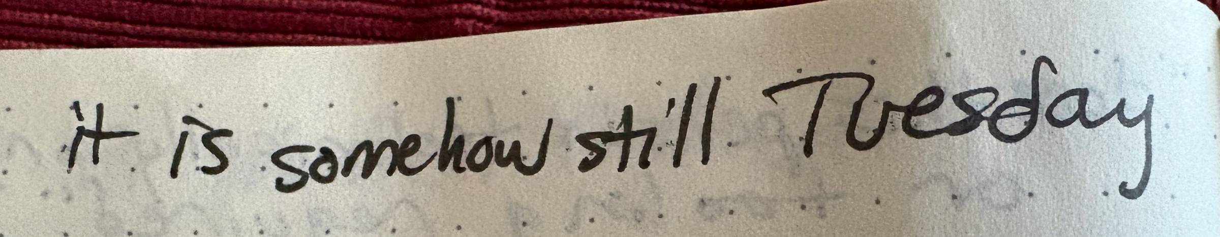 A handwritten note at the top of a page: "it is somehow still Tuesday"