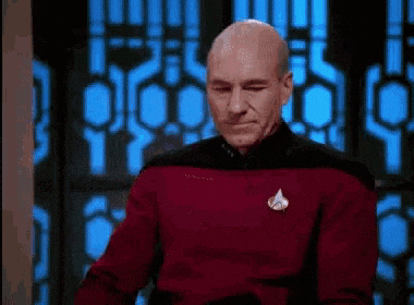 Animated clip of Patrick Stewart as Jean-Luc Picard of Star Trek, doing a facepalm