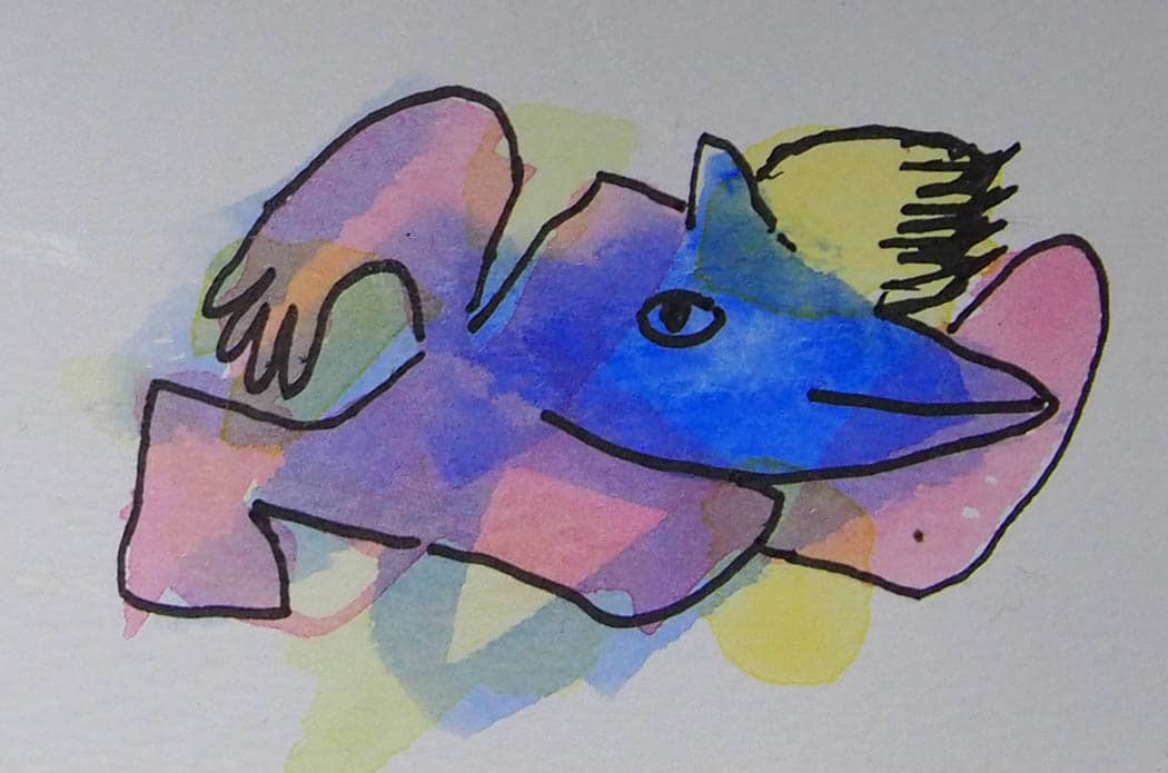 A colorful blue and pink creature running