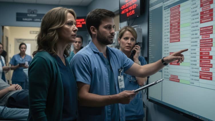 Hospital staff looking at an electronic wall chart
