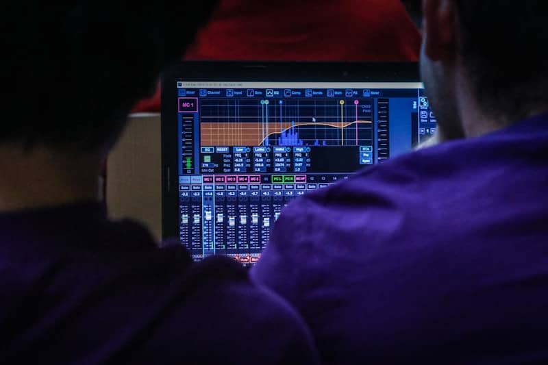 two people facing away from the camera towards a computer monitor which appears to be displaying sound mixing software